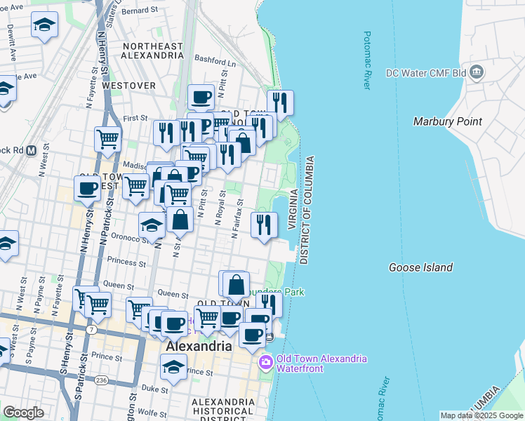map of restaurants, bars, coffee shops, grocery stores, and more near 100 Madison Place in Alexandria
