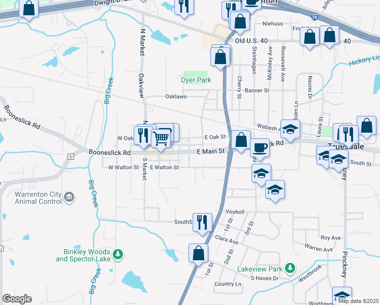 map of restaurants, bars, coffee shops, grocery stores, and more near 404 East Main Street in Warrenton