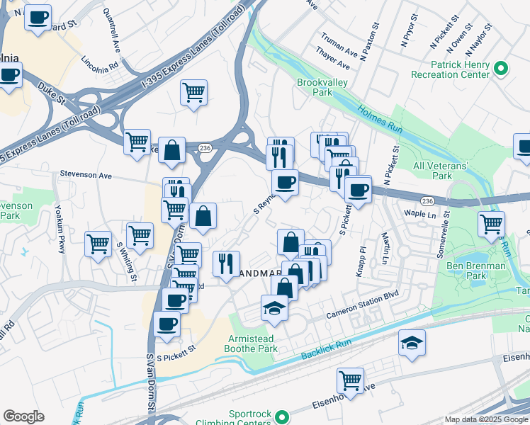 map of restaurants, bars, coffee shops, grocery stores, and more near 244 South Reynolds Street in Alexandria