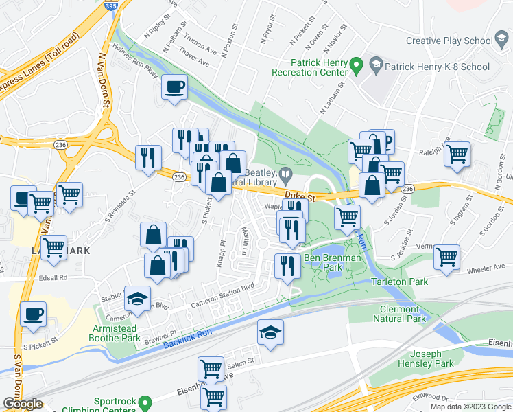 map of restaurants, bars, coffee shops, grocery stores, and more near 5119 Gardner Drive in Alexandria