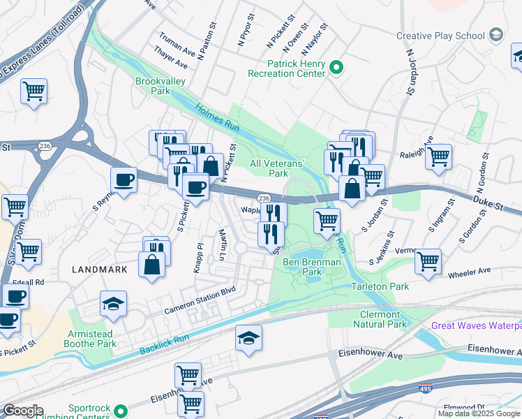 map of restaurants, bars, coffee shops, grocery stores, and more near 5001 Waple Lane in Alexandria