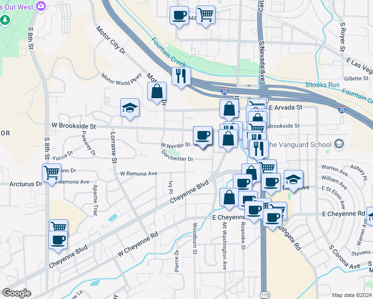 map of restaurants, bars, coffee shops, grocery stores, and more near 107 West Navajo Street in Colorado Springs