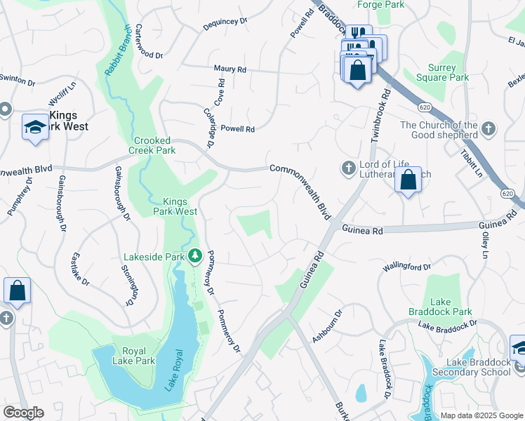 map of restaurants, bars, coffee shops, grocery stores, and more near 5117 Richardson Drive in Fairfax