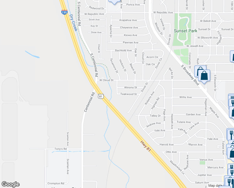 map of restaurants, bars, coffee shops, grocery stores, and more near 1599 Teakwood Street in Salina