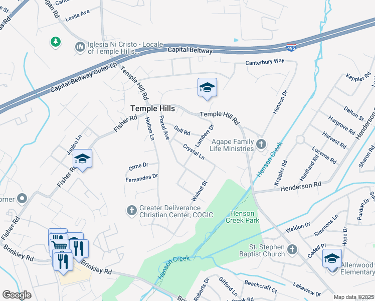 map of restaurants, bars, coffee shops, grocery stores, and more near 3711 Crystal Lane in Temple Hills