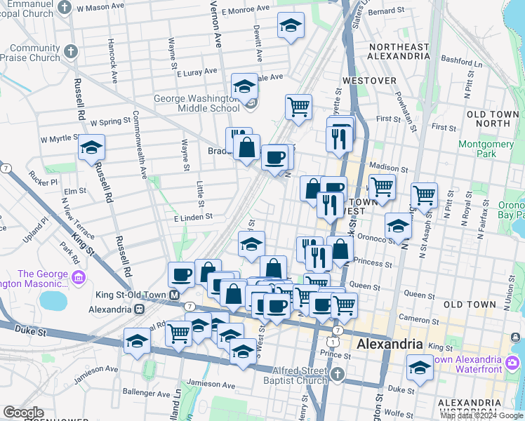 map of restaurants, bars, coffee shops, grocery stores, and more near 560 Colecroft Court in Alexandria