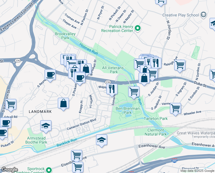 map of restaurants, bars, coffee shops, grocery stores, and more near 4925 Waple Lane in Alexandria