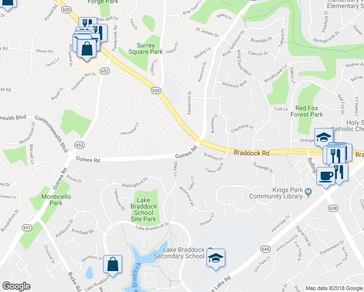 map of restaurants, bars, coffee shops, grocery stores, and more near 5129 Arrit Court in Burke