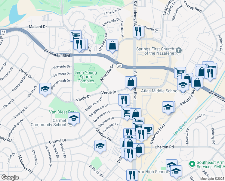 map of restaurants, bars, coffee shops, grocery stores, and more near 3645 Verde Drive in Colorado Springs
