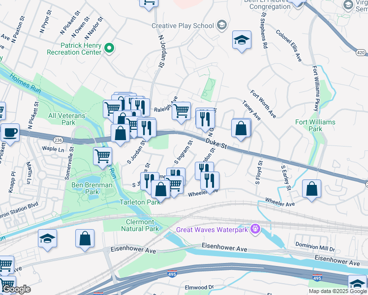 map of restaurants, bars, coffee shops, grocery stores, and more near 17 South Ingram Street in Alexandria