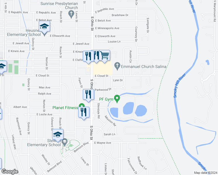map of restaurants, bars, coffee shops, grocery stores, and more near 1221 Parkwood Drive in Salina