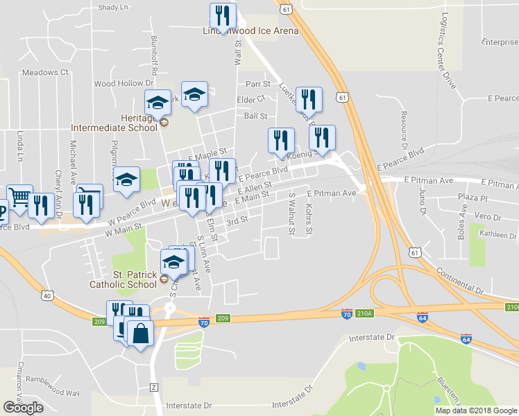 map of restaurants, bars, coffee shops, grocery stores, and more near 412 East Pitman Avenue in Wentzville
