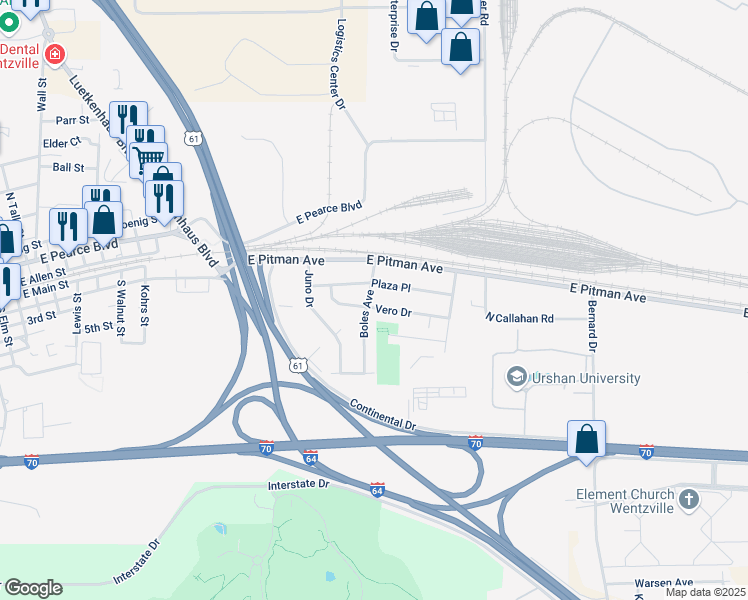 map of restaurants, bars, coffee shops, grocery stores, and more near 1425 Vero Drive in Wentzville