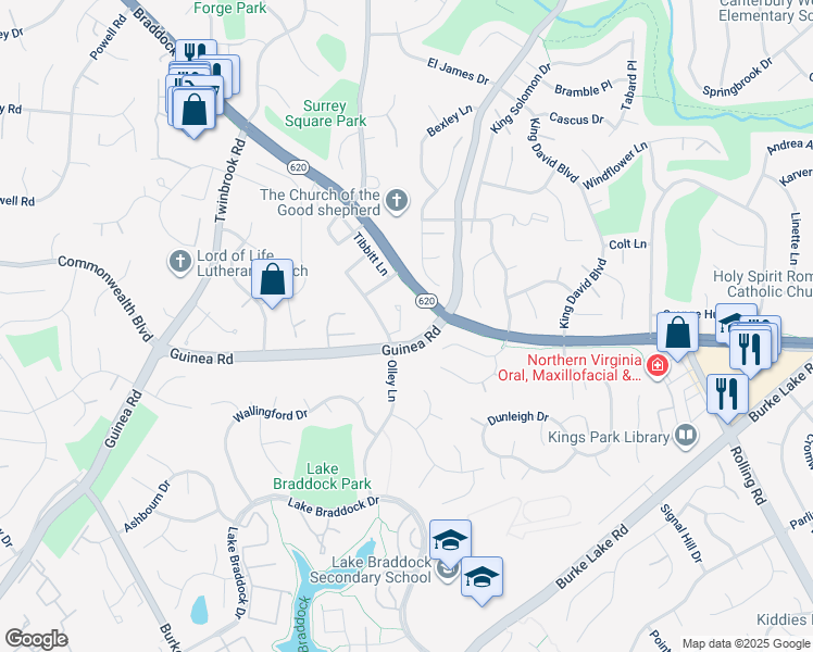 map of restaurants, bars, coffee shops, grocery stores, and more near 5129 Arrit Court in Burke