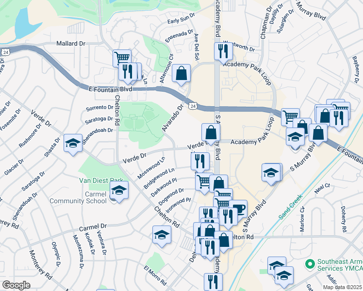 map of restaurants, bars, coffee shops, grocery stores, and more near 3620 Verde Drive in Colorado Springs