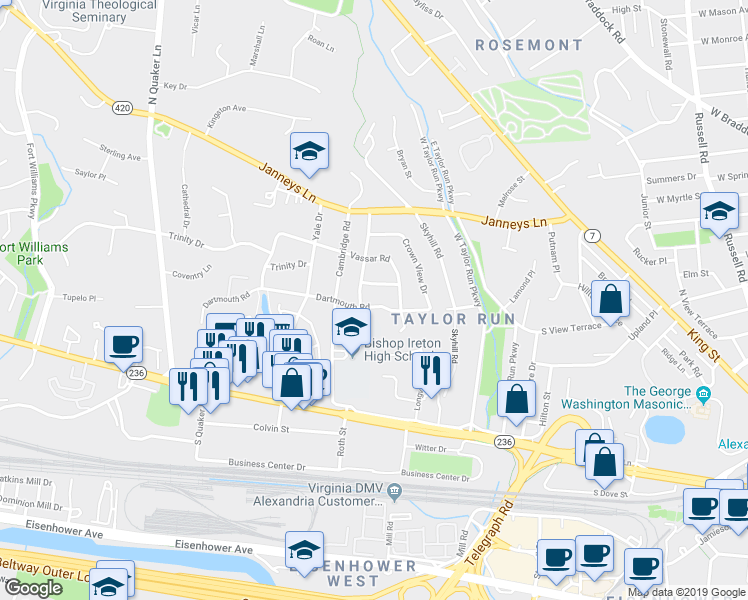 map of restaurants, bars, coffee shops, grocery stores, and more near 2907 Dartmouth Road in Alexandria