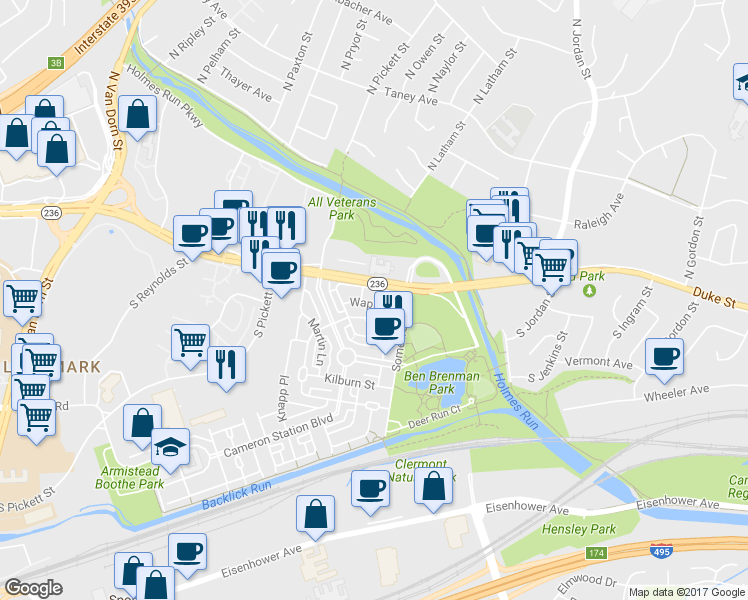 map of restaurants, bars, coffee shops, grocery stores, and more near 5001 Waple Lane in Alexandria