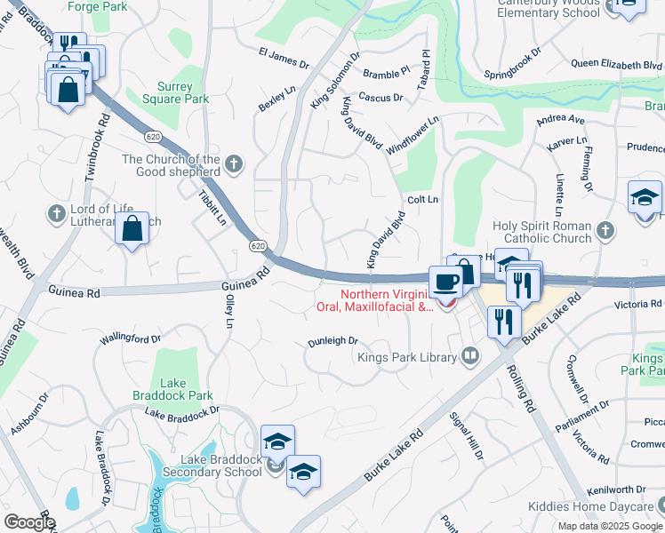 map of restaurants, bars, coffee shops, grocery stores, and more near 5147 Bradfield Drive in Annandale