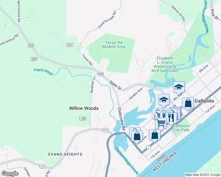 map of restaurants, bars, coffee shops, grocery stores, and more near 66 Chillicothe Road in Gallipolis