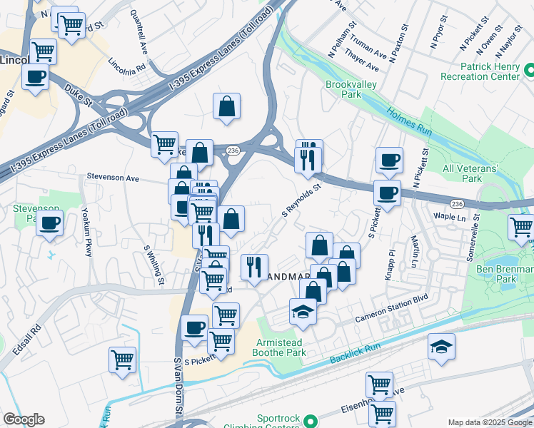 map of restaurants, bars, coffee shops, grocery stores, and more near 125 South Reynolds Street in Alexandria