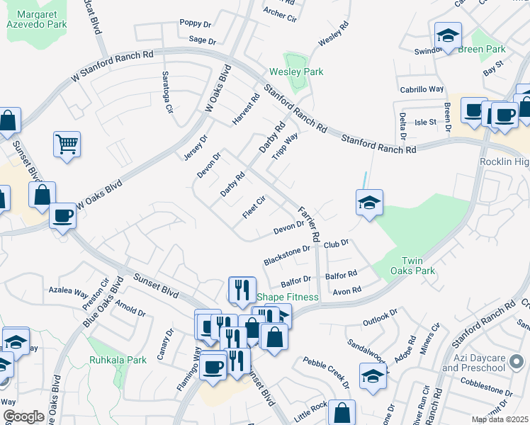 map of restaurants, bars, coffee shops, grocery stores, and more near 5804 Fleet Court in Rocklin