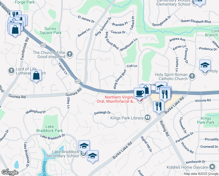 map of restaurants, bars, coffee shops, grocery stores, and more near 5109 Claytonia Court in Annandale