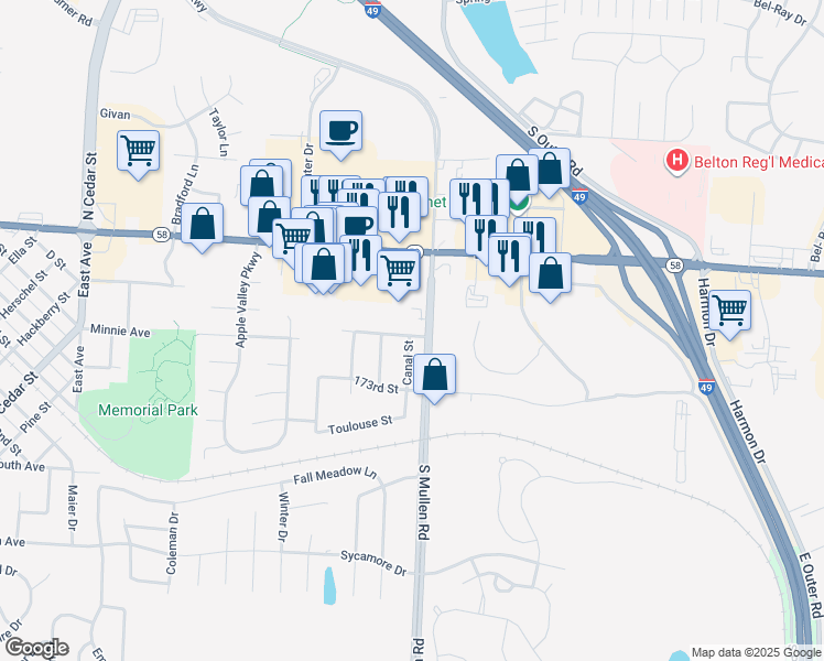 map of restaurants, bars, coffee shops, grocery stores, and more near 202 Canal Street in Belton