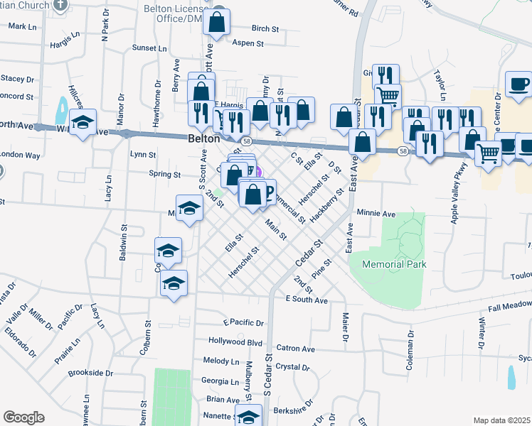 map of restaurants, bars, coffee shops, grocery stores, and more near in Belton