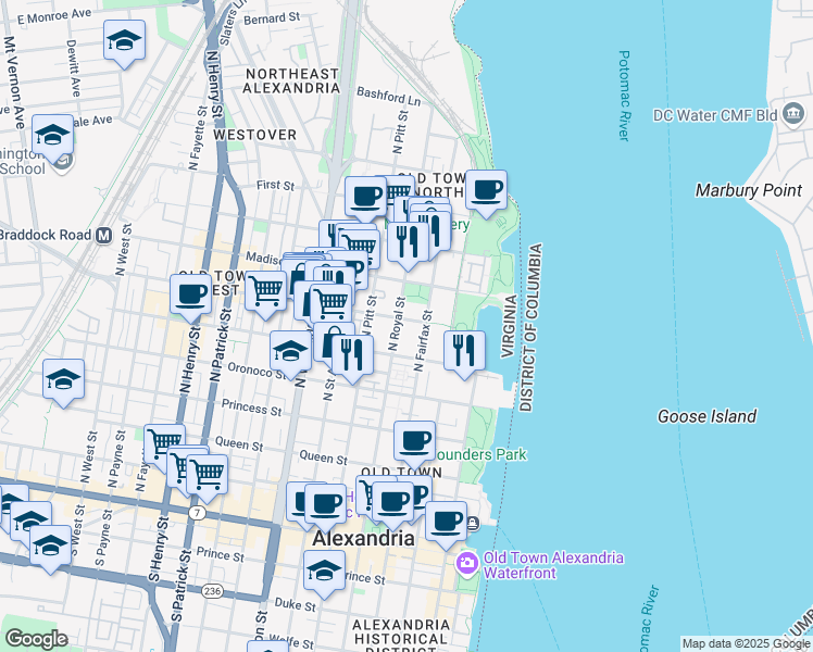 map of restaurants, bars, coffee shops, grocery stores, and more near 300 Wythe Street in Alexandria