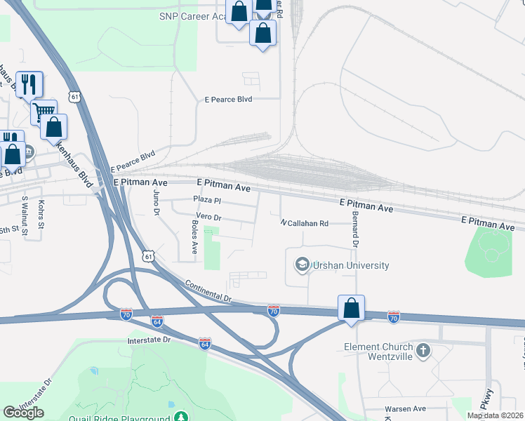 map of restaurants, bars, coffee shops, grocery stores, and more near 14 Foster Lane in Wentzville