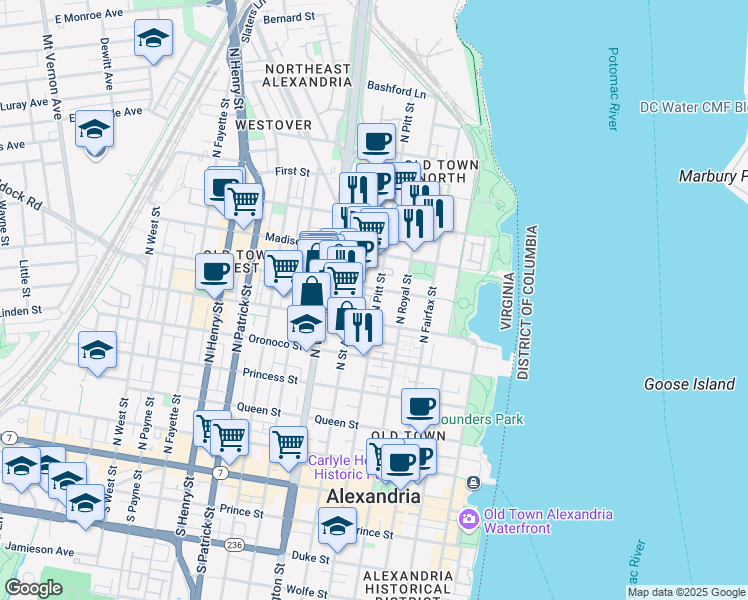 map of restaurants, bars, coffee shops, grocery stores, and more near 628 South Pitt Street in Alexandria