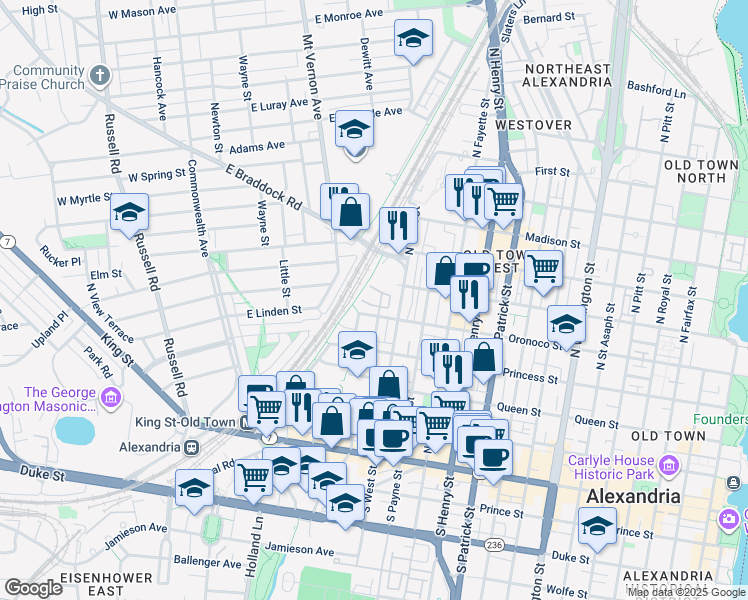 map of restaurants, bars, coffee shops, grocery stores, and more near 560 Colecroft Court in Alexandria
