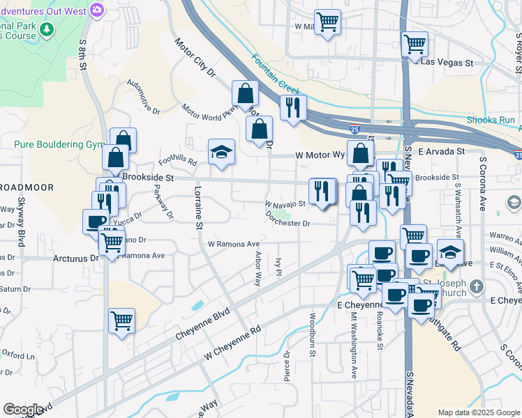 map of restaurants, bars, coffee shops, grocery stores, and more near 310 Yucca Circle in Colorado Springs
