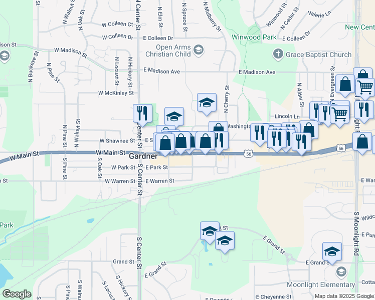 map of restaurants, bars, coffee shops, grocery stores, and more near 255 East Main Street in Gardner