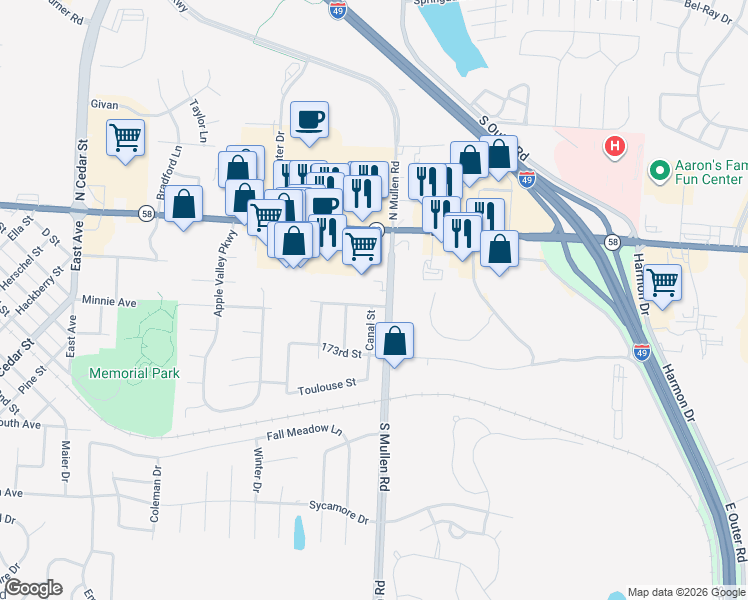 map of restaurants, bars, coffee shops, grocery stores, and more near 1310 Minnie Avenue in Belton