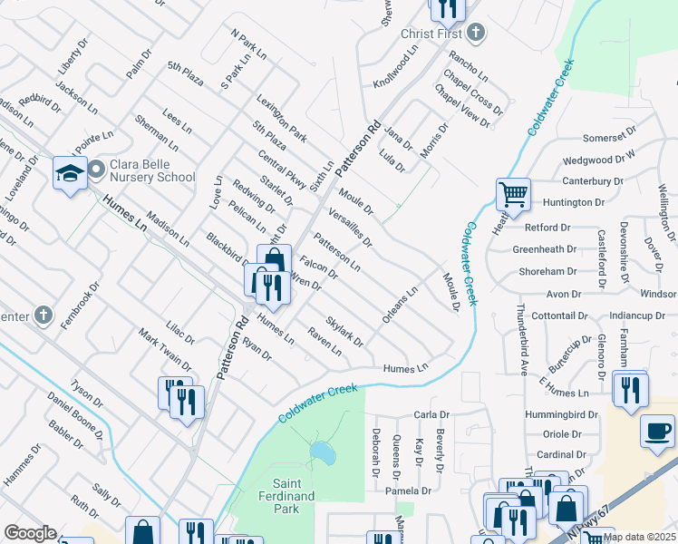 map of restaurants, bars, coffee shops, grocery stores, and more near 485 Falcon Drive in Florissant