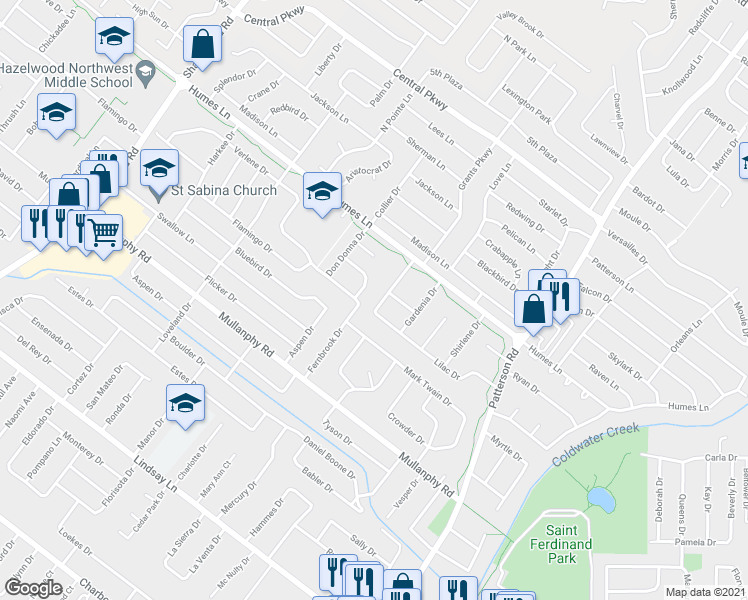 map of restaurants, bars, coffee shops, grocery stores, and more near 1815 Violet Drive in Florissant
