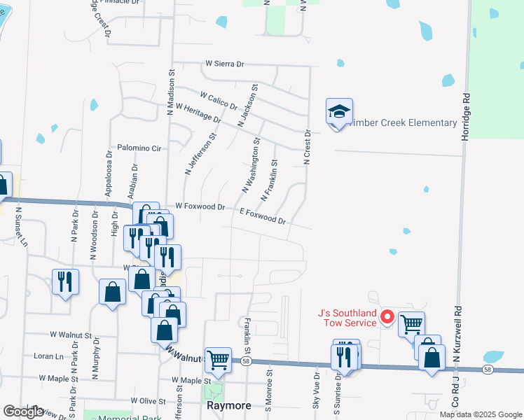 map of restaurants, bars, coffee shops, grocery stores, and more near 120 East Foxwood Drive in Raymore