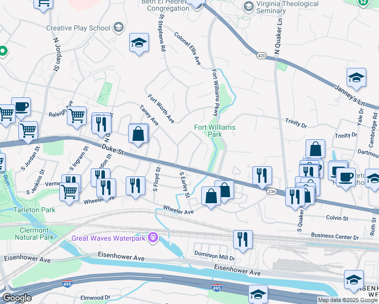 map of restaurants, bars, coffee shops, grocery stores, and more near 40 North Donelson Street in Alexandria