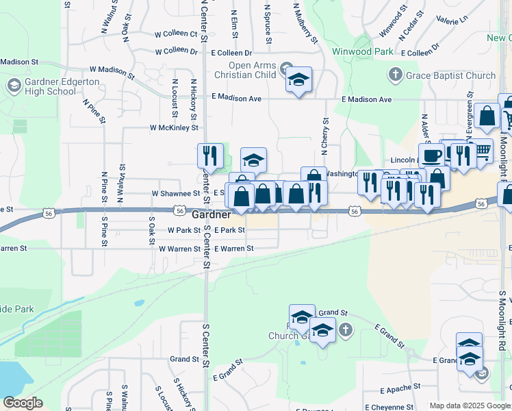 map of restaurants, bars, coffee shops, grocery stores, and more near 212 East Main Street in Gardner