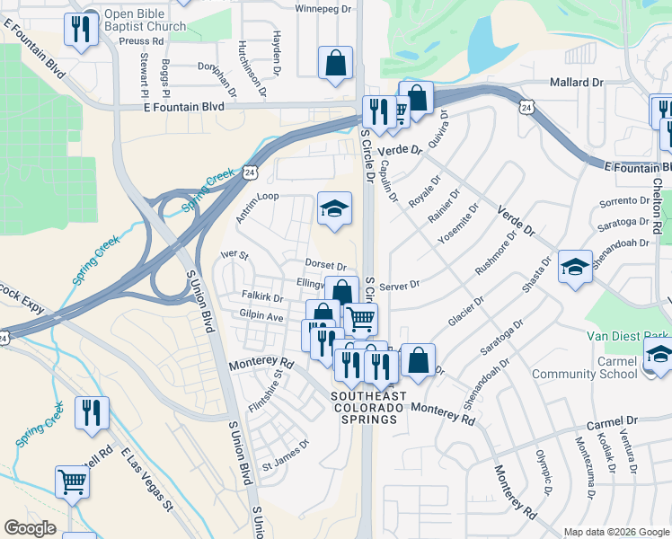 map of restaurants, bars, coffee shops, grocery stores, and more near 2563 Dorset Drive in Colorado Springs