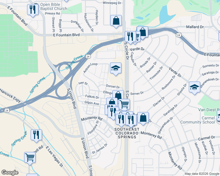 map of restaurants, bars, coffee shops, grocery stores, and more near 2488 Ellingwood Drive in Colorado Springs