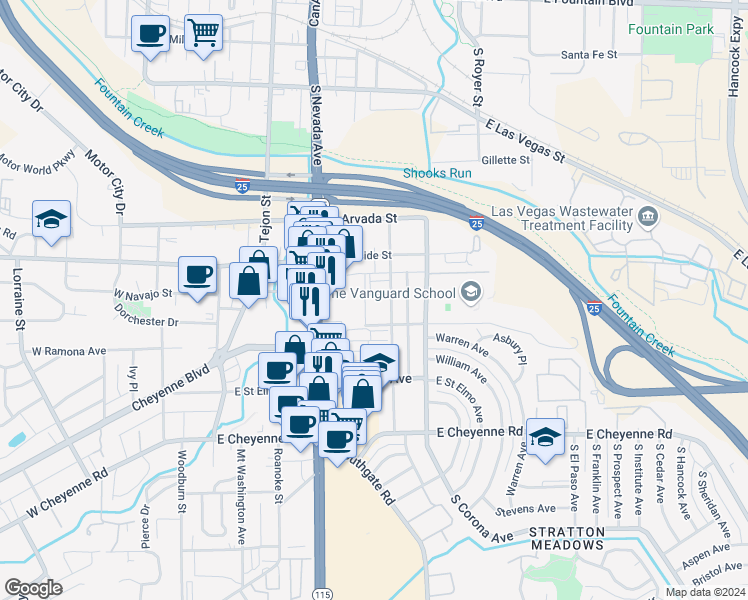 map of restaurants, bars, coffee shops, grocery stores, and more near 1619 South Weber Street in Colorado Springs