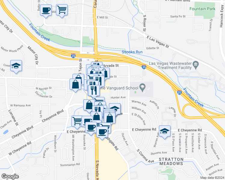 map of restaurants, bars, coffee shops, grocery stores, and more near 1619 South Weber Street in Colorado Springs