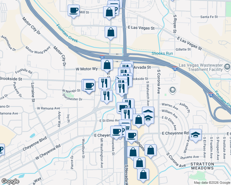 map of restaurants, bars, coffee shops, grocery stores, and more near 1614 South Nevada Avenue in Colorado Springs