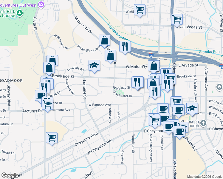 map of restaurants, bars, coffee shops, grocery stores, and more near 310 Yucca Circle in Colorado Springs