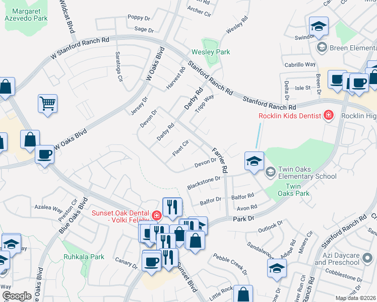 map of restaurants, bars, coffee shops, grocery stores, and more near 2733 Fleet Circle in Rocklin