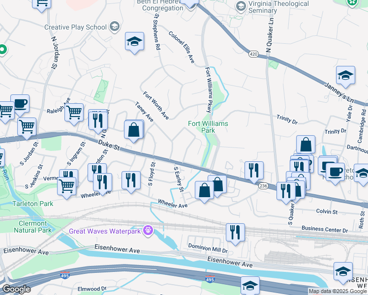 map of restaurants, bars, coffee shops, grocery stores, and more near 40 North Donelson Street in Alexandria