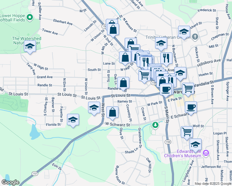 map of restaurants, bars, coffee shops, grocery stores, and more near 535 Saint Louis Street in Edwardsville
