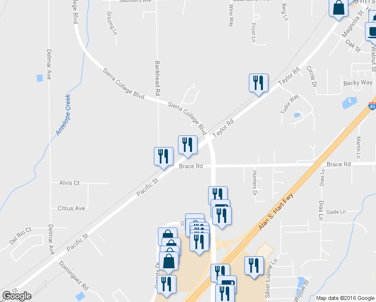 map of restaurants, bars, coffee shops, grocery stores, and more near 4018 Taylor Road in Loomis